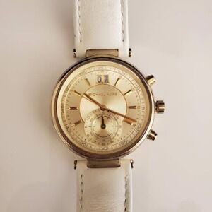 Michael Kors‎ Sawyer Women's 37mm Watch White Leather Strap Gold Dial MK2528